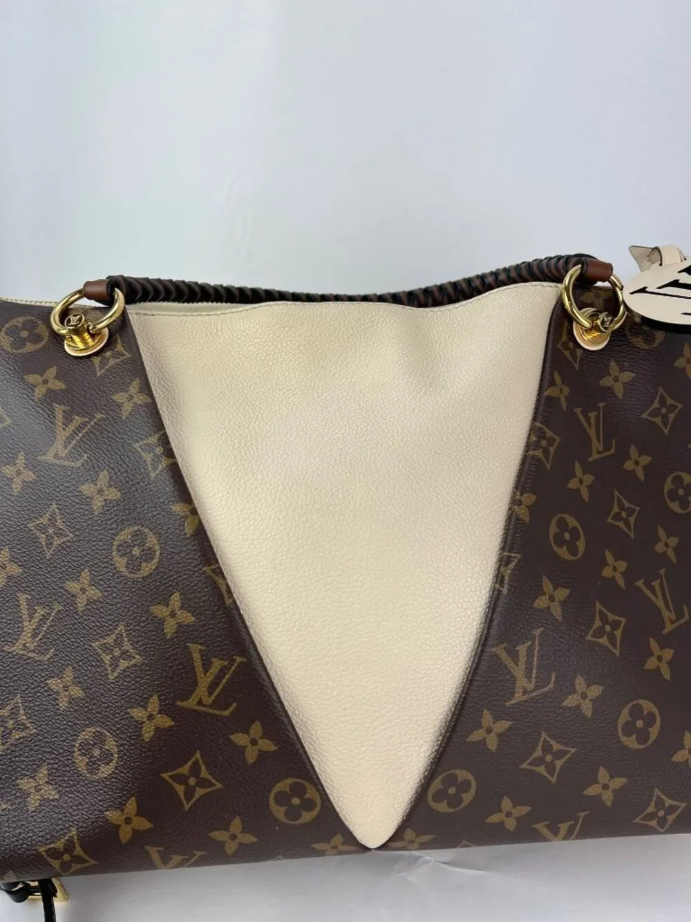 Louis Vuitton Braided V Tote MM Cream Leather Canvas Shoulder Hand Bag